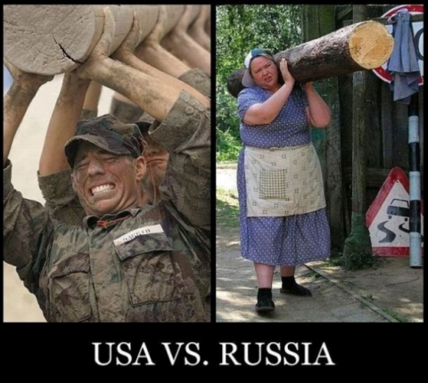 USA vs. Russia - funny picture, humor, joke, strength, who is stronger, US soldiers, Russian woman babushka